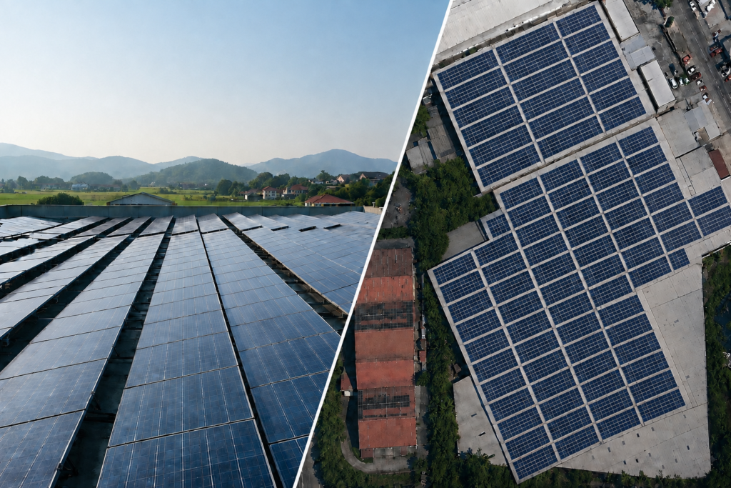 Aerial view of solar panels on U-Lik's factory roof beside green forest