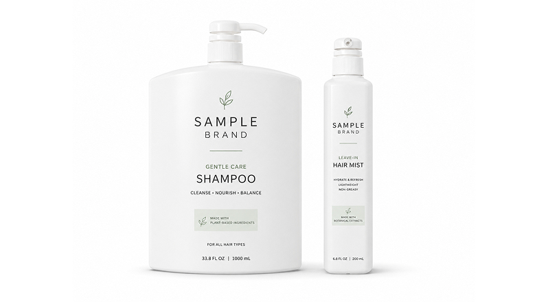 Finished, printed shampoo and hair mist bottles